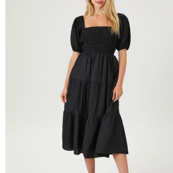 Forever 21 Tiered Puff-Sleeve Midi Dress Black Size Small Cottage Core Boho - Picture 1 of 13